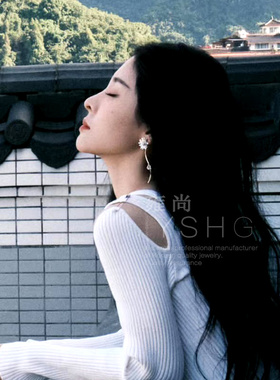 张碧晨同款耳环 中餐厅长款黑白花朵耳饰高级感小众耳钉气质夏季
