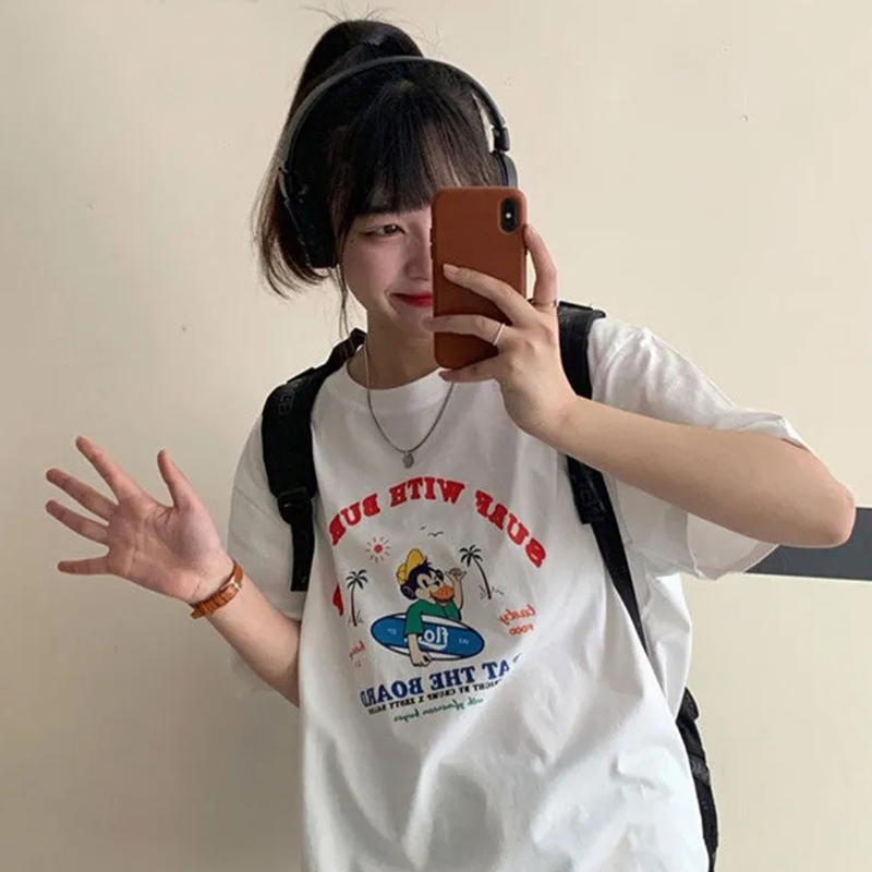 2023夏季新款ins港味学生纯棉T恤女宽松复古卡通绿色短袖情侣上衣
