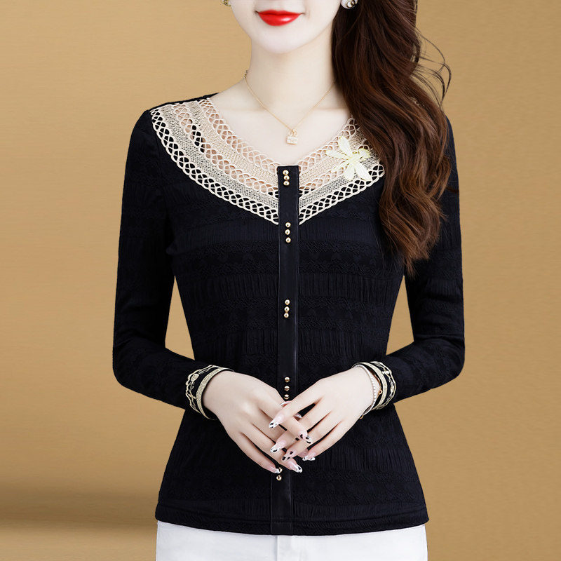 气质小衫2021秋冬新款v领长袖t恤 索茜丽蕾丝衫/雪纺衫