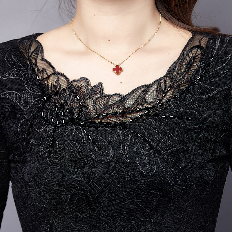 蕾丝2021冬季时尚低领绣花t恤上衣 索茜丽T恤