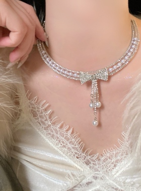 闪钻蝴蝶结珍珠项链女轻奢千金感