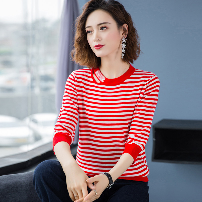 条纹t恤七分袖韩版半袖夏季打底衫 夏兰迪T恤