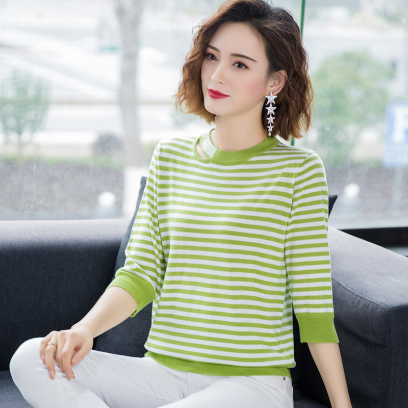 条纹t恤七分袖韩版半袖夏季打底衫 夏兰迪T恤