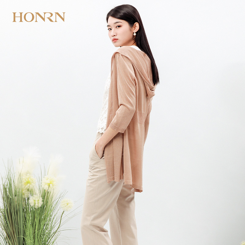 HONRN/红人休闲粉色宽松薄款连帽针织衫开衫外套中长款上衣女夏季