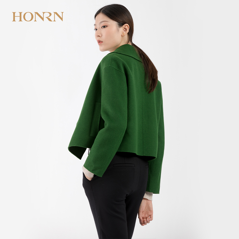 HONRN/红人休闲时尚气质羊毛呢子大衣女冬短款宽松大翻领外套显瘦