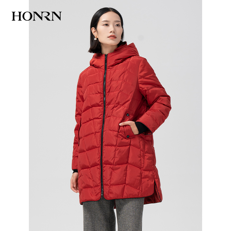 HONRN/红人红色连帽显瘦白鸭绒羽绒服外套女冬季中长款HG55YR027 - 图0