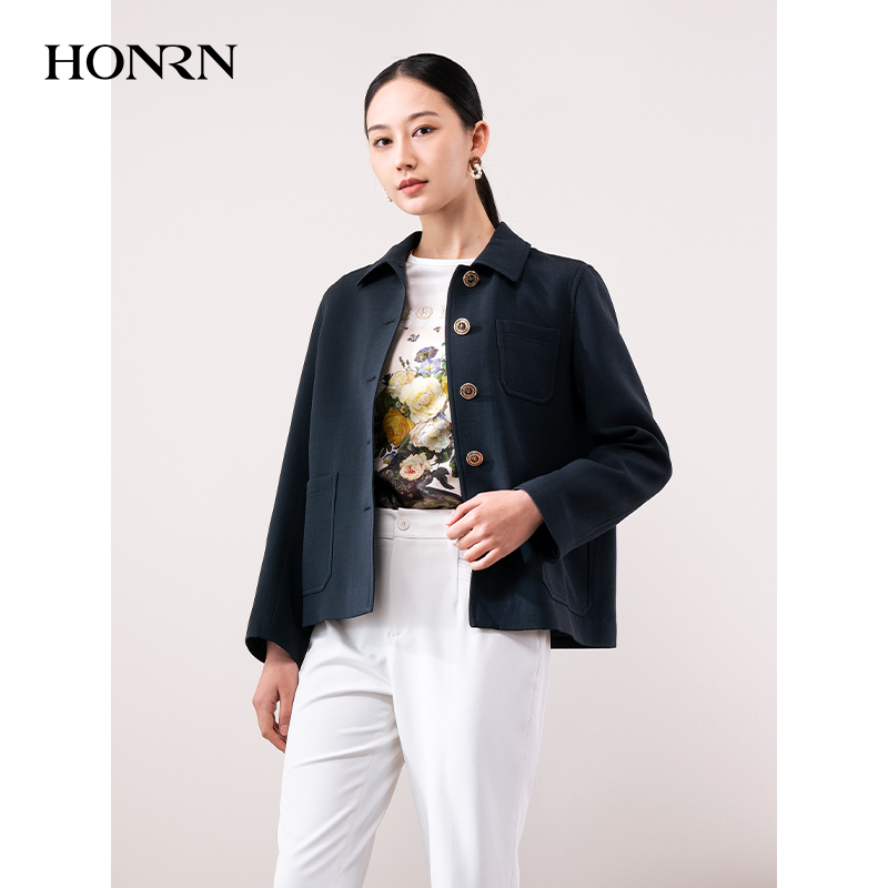 HONRN/红人气质短款衬衫领绵羊毛桑蚕丝混纺外套女春秋HH11OS615 - 图0