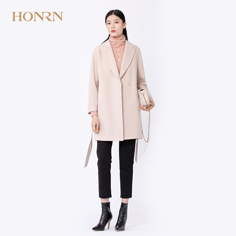 HONRN/红人羊绒羊毛呢子大衣女秋冬中长款时尚系带收腰外套显瘦