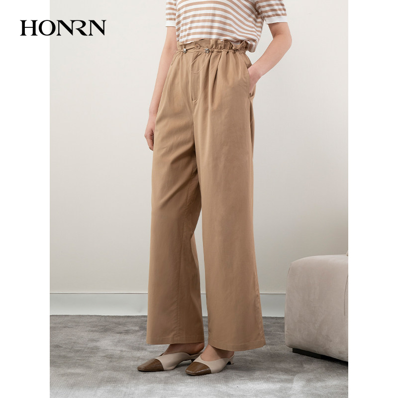 HONRN/红人宽松薄款裤子抽绳收腰直筒阔腿休闲裤女夏HH22OK104,淘宝优惠券,粉丝福利购,淘宝优惠卷