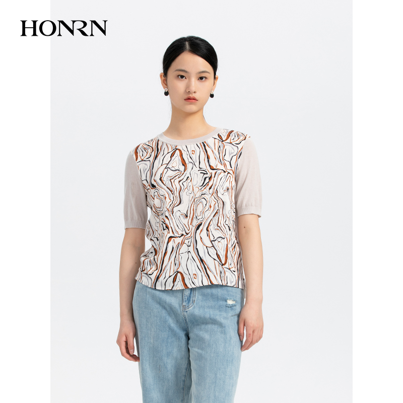 HONRN/红人短袖圆领套头印花羊毛针织衫上衣春秋款女HH33OM693 - 图0
