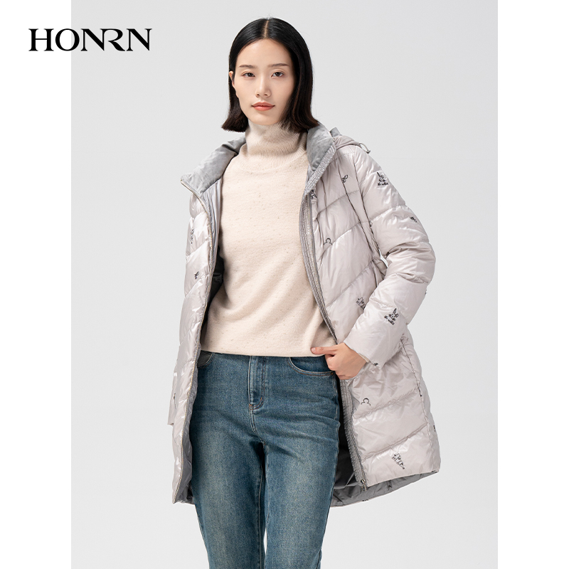 HONRN/红人轻薄连帽白鸭绒羽绒服外套女款冬季中长款HG55YR229