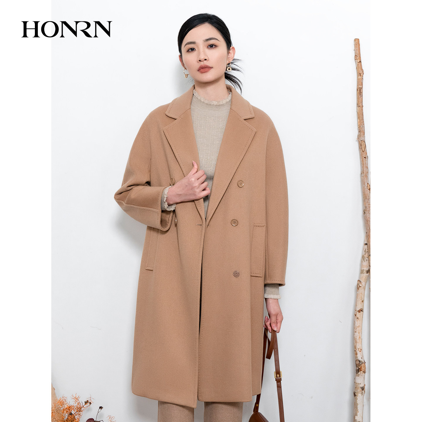 HONRN/红人西装领双排扣山羊绒羊毛呢子大衣外套女秋冬HI55OD481,淘宝优惠券,粉丝福利购,淘宝优惠卷