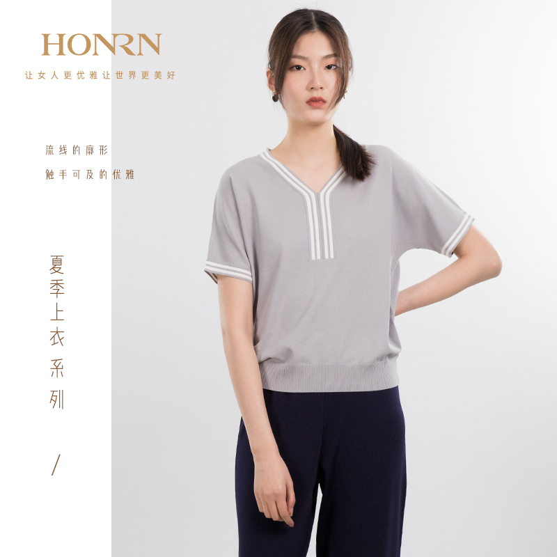 HONRN/红人V领针织打底衫短款短袖上衣套头女夏薄款洋气HG29OM511