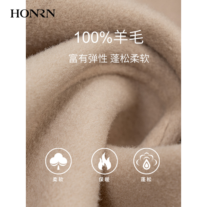 HONRN/红人白色短款牛角扣双面羊毛呢子大衣外套女秋冬HI59OD029-图2