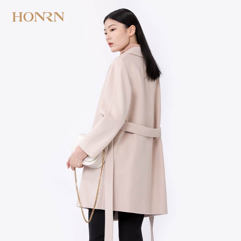 HONRN/红人羊绒羊毛呢子大衣女秋冬中长款时尚系带收腰外套显瘦