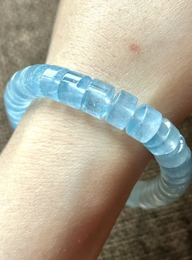 正品天然海蓝宝手串宝石车轮珠盘珠手链原矿蓝色冰透渐变珠宝手镯