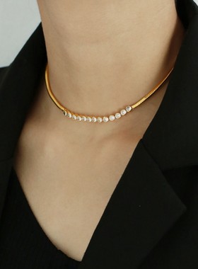 秋季新款时尚轻奢冷淡风闪耀排钻厚镀真金蛇骨链项链Chocker女神