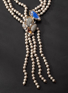 欧美鬼才设计师复古宝石珍珠名媛三层叠加流苏项链婚礼派对晚宴