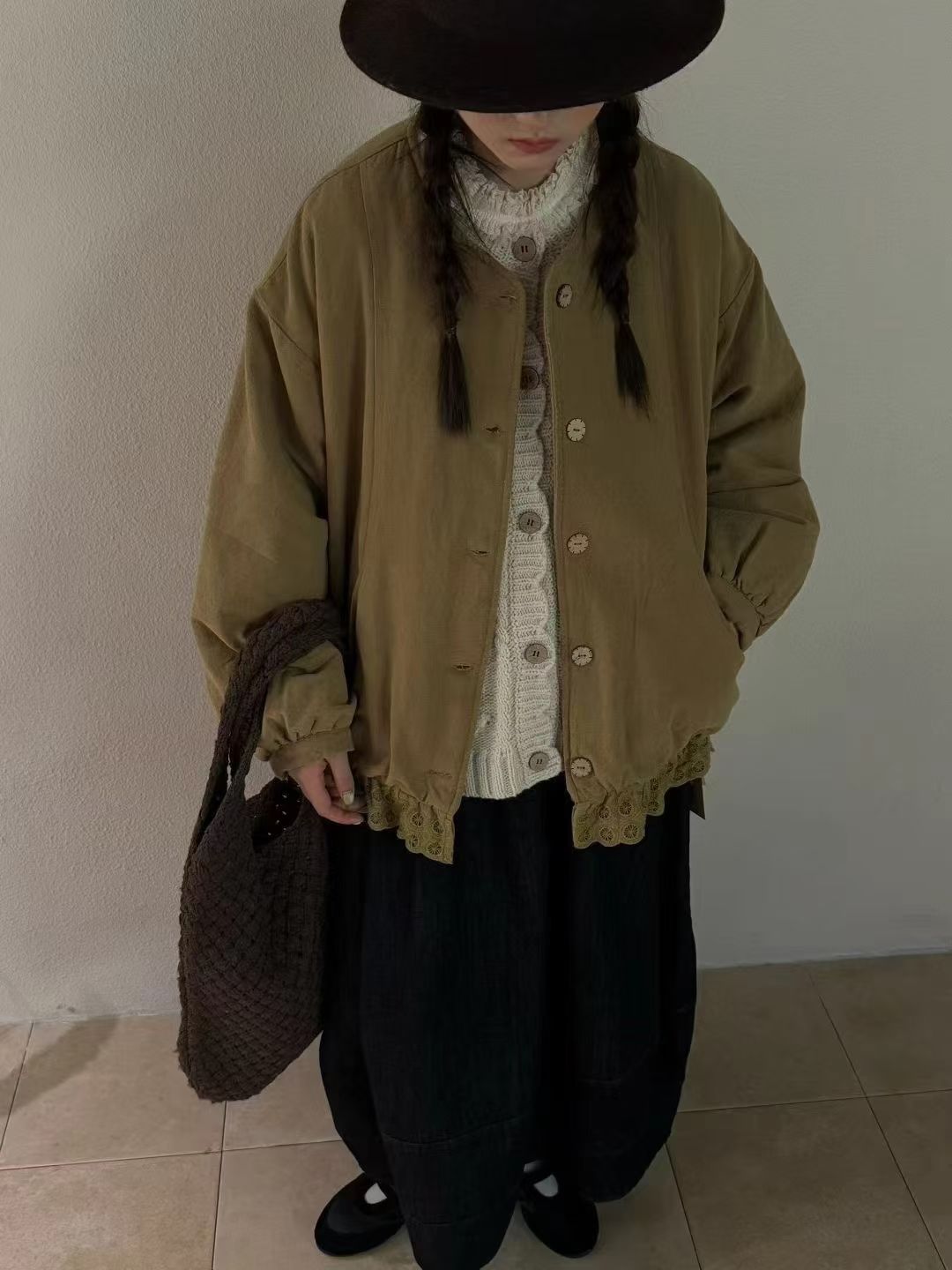 2025冬季新款韩版圆领麻料镂空花边棉服外套