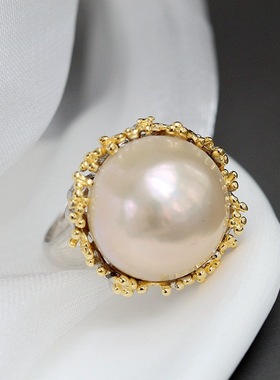 纯银戒指夸张百搭个性天然珍珠