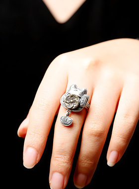 招财猫个性女士吊坠开口戒指环饰