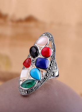 纯银南红玛瑙贝壳夸张女士戒指