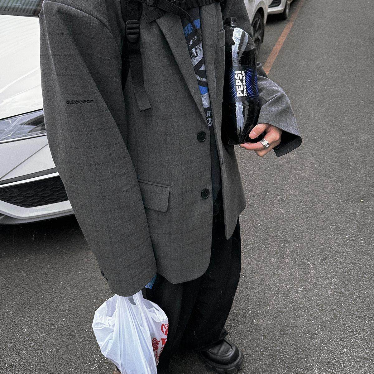 Aurocean 日常感大西装外套 复古少年感深灰格子宽肩外套,淘宝优惠券,粉丝福利购,淘宝优惠卷