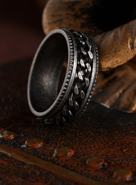 KANZAO欧美复古风格做旧古银色304不锈钢压花转动链条戒指男钛钢