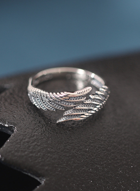 KANZAO复古做旧通体s925纯银 羽毛 天使之翼 开口戒指 时髦指环