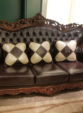 欧式美式古典实木别墅家具FF93沙发四人沙发真皮长茶几