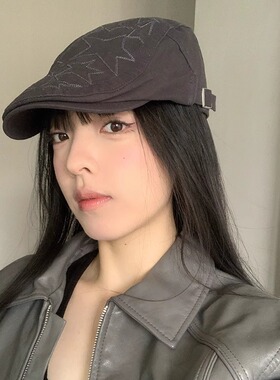 日系复古星星鸭舌前进帽女y2k千禧辣妹百搭显脸小贝雷帽子大头围