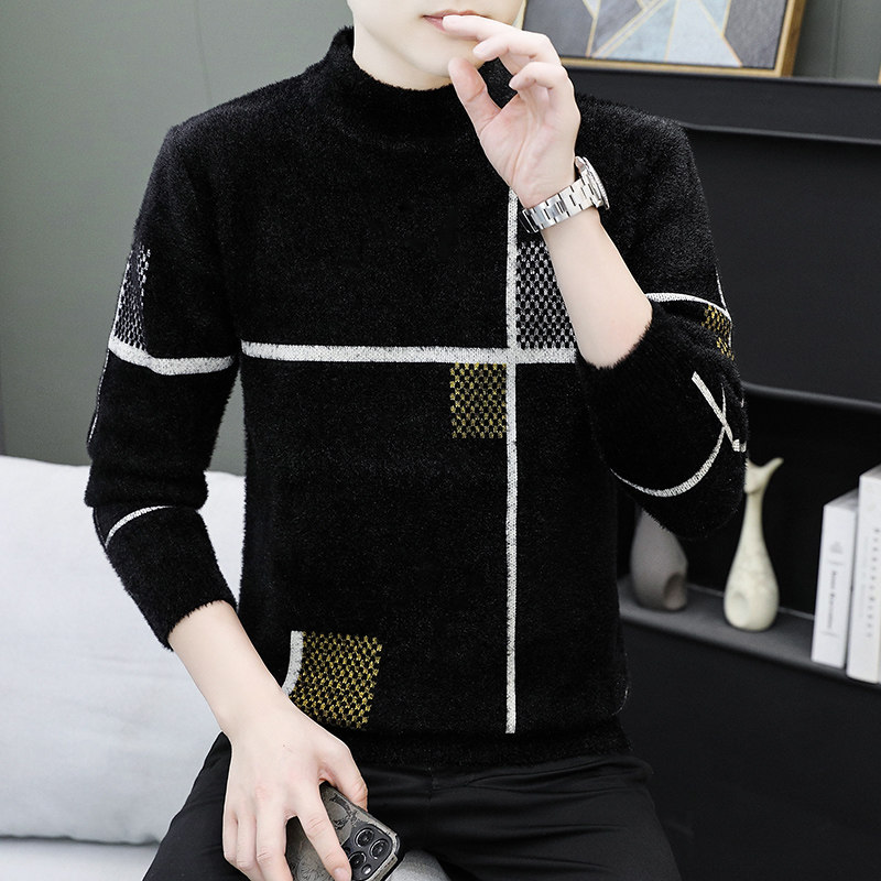 水貂绒毛衣男秋冬季加绒加厚半高领内搭针织打底衫青少年保暖上衣,淘宝优惠券,粉丝福利购,淘宝优惠卷