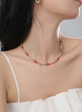 夏日天然红色重工串珠项链女款2025新款小众寿山石天河石锁骨链