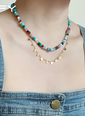 彩色天然石多巴胺串珠项链女款2026新款夏日小众白鹿同款锁骨链