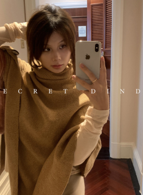 SECRET DINDI 实用派 粗织毛线卡其色斗篷女秋季复古针织毛衣披肩