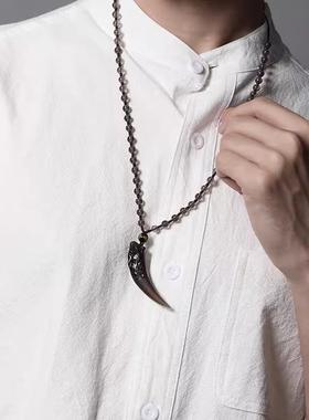 天然黑曜石狼牙吊坠男士项链潮