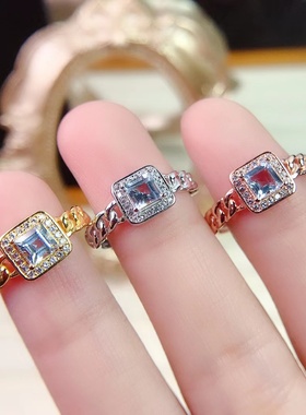 S925纯银戒指空托方形3*3mm/4*4mm个性链条女戒可镶嵌天然海蓝宝