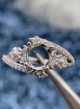 S925银戒指空托倾斜带钻精致时尚