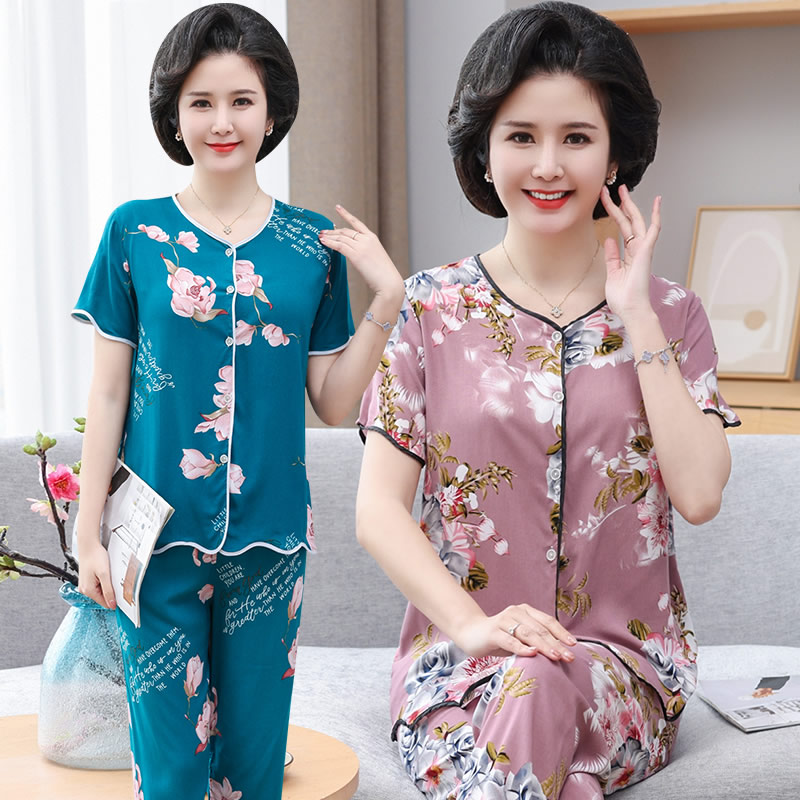 老年人女装睡衣春秋款短袖短裤妈妈棉绸开衫套装宽松家居服可外穿 - 图2