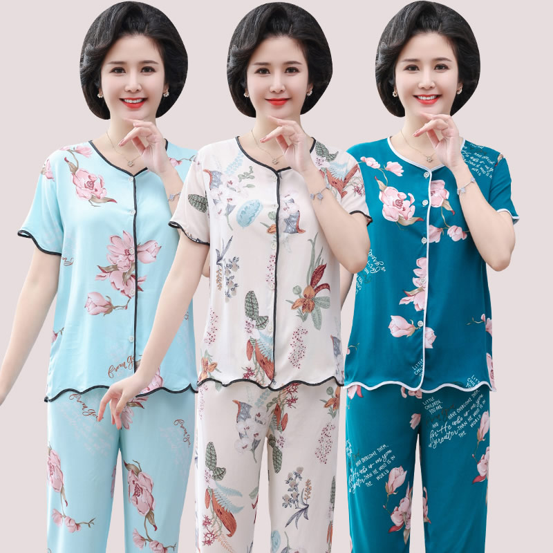 老年人女装睡衣春秋款短袖短裤妈妈棉绸开衫套装宽松家居服可外穿 - 图3