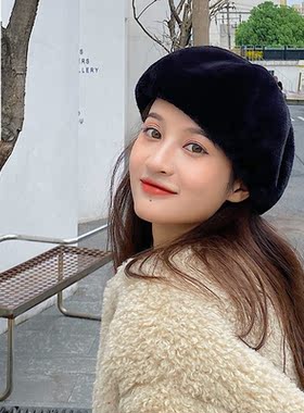 秋冬毛绒女士时尚复古日系贝雷帽