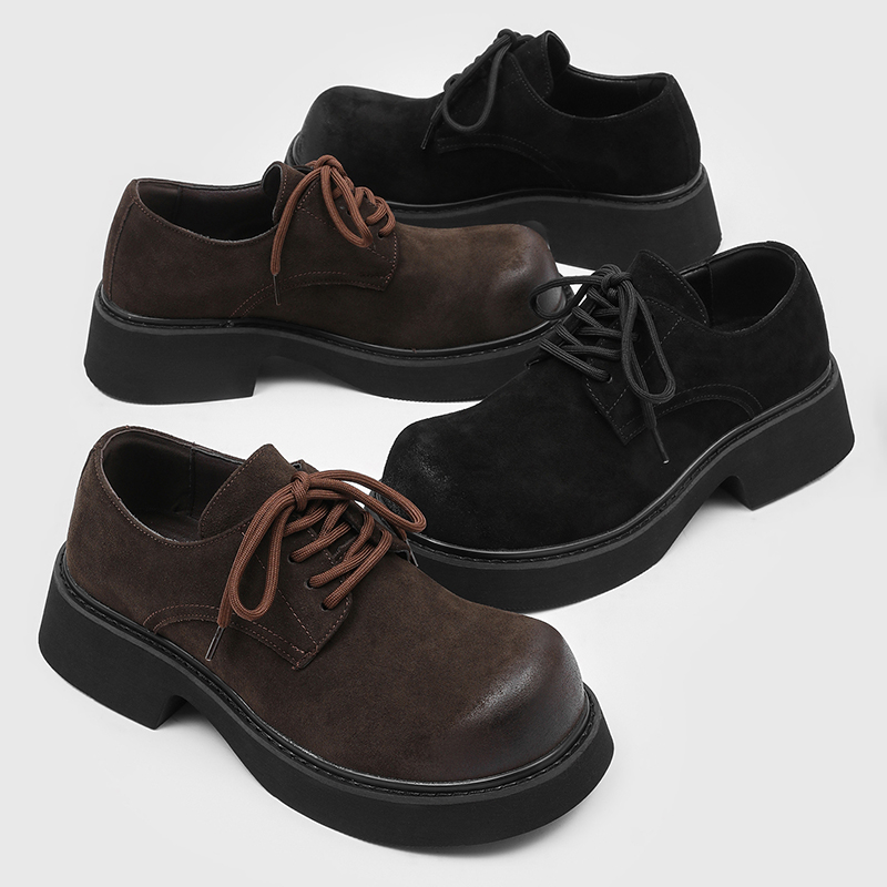 2025新款德比鞋男厚底增高圆头系带休闲皮鞋英伦风复古通勤大头鞋 - 图1