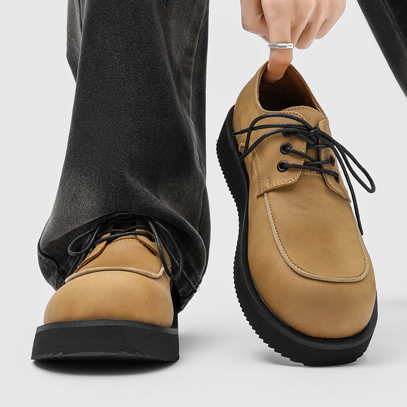 2025新款男士英伦风厚底德比鞋男大头系带休闲皮鞋内增高百搭男鞋 - 图0