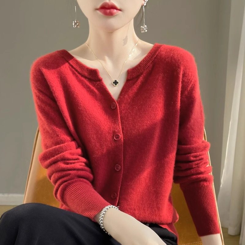 2025秋季新款小V领羊毛针织衫开衫短款女装上衣毛衣长袖外套 - 图1