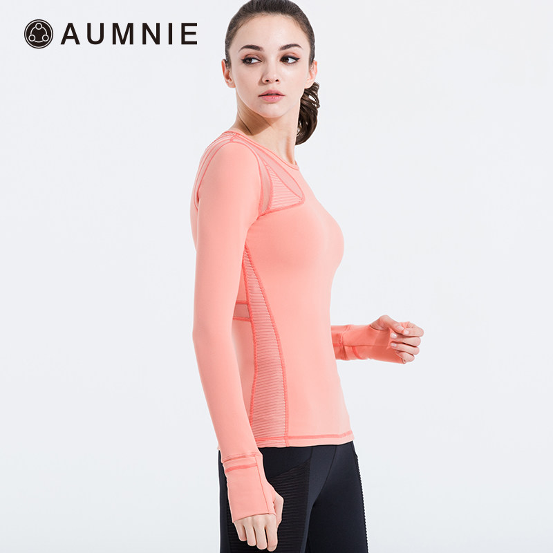 AUMNIE澳弥尼塑形拼接网布T恤女含胸垫速干透气长袖运动跑步瑜伽,淘宝优惠券,粉丝福利购,淘宝优惠卷