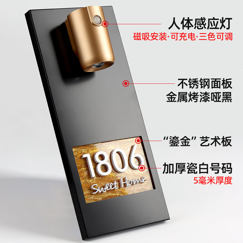 门牌号高颜值感应灯入户门牌号码牌家用自粘不锈钢门牌定制高端大气现代简约风房间数字房号挂牌墙贴订制定做 - 图3