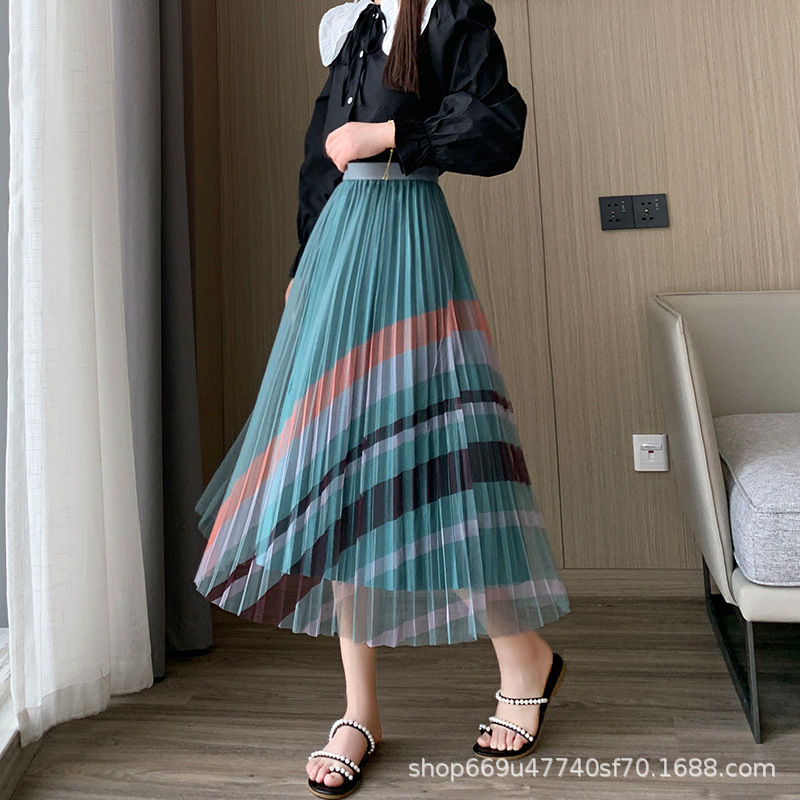 Printed Pleated Pleated A-Line Skirt印花弹力腰百褶大摆A字-图0