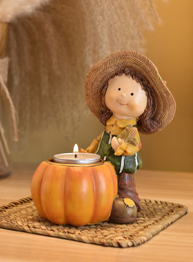跨境热销卡丰收小孩南瓜雕像树脂摆件家居玄关电视柜烛台装饰礼品