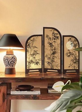 中古风墨竹小屏风桌面摆件新中式茶桌家居边柜玄关装饰品复古摆画