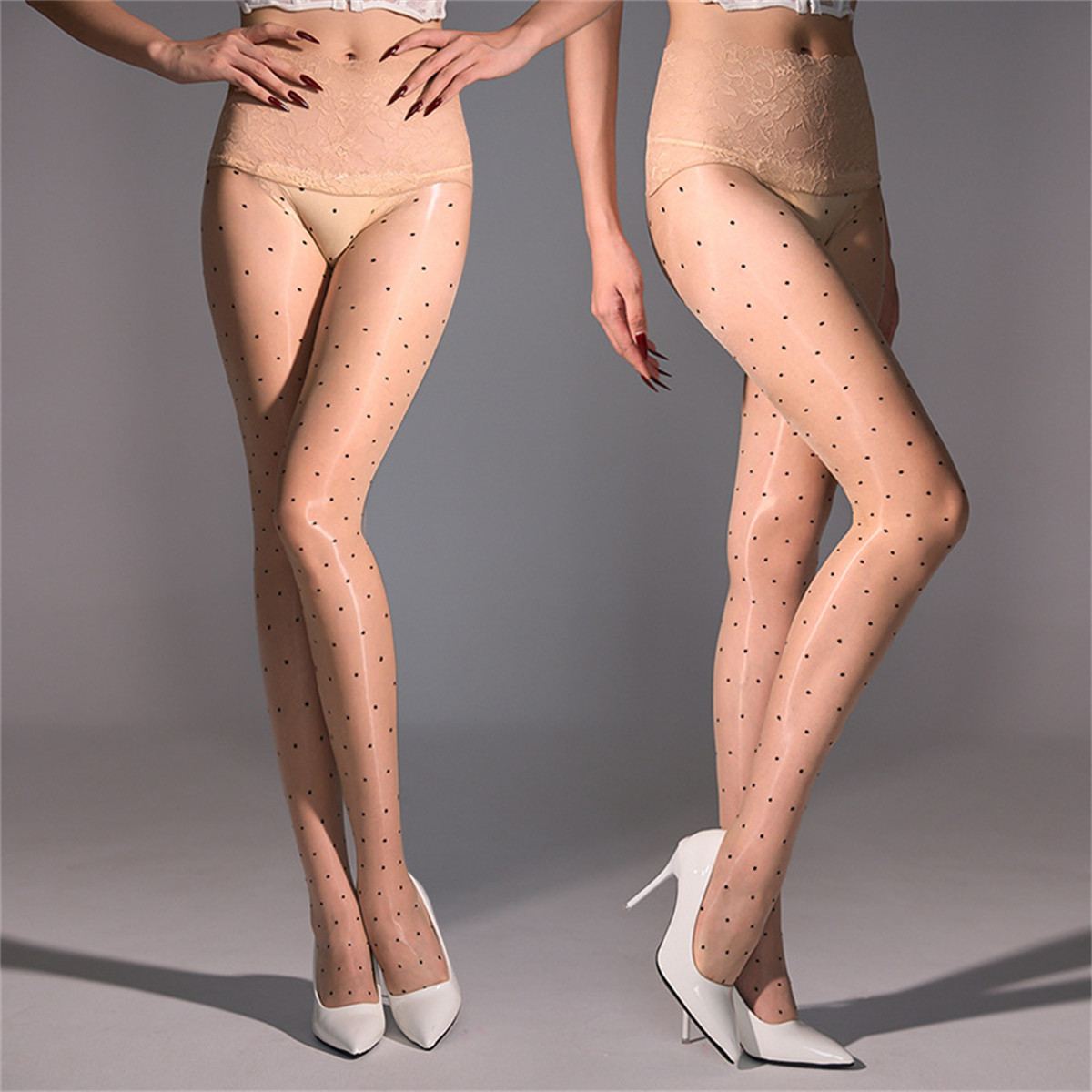 cutie:超薄圆点性感油光蕾丝腰360无缝丝袜极光油亮连裤袜丝滑女 - 图2